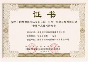 第24届中国国际专业音响灯光乐器及技术展产品技术进步奖一等奖证书