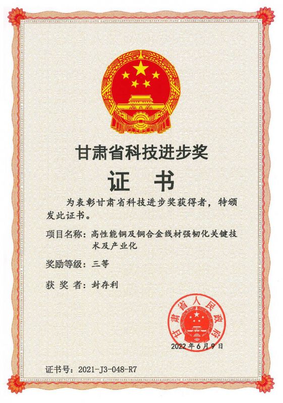 2021年度甘肃省科技进步奖三等奖证书